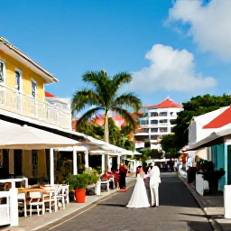 Caribbean Holidays, December Weddings, Newlyweds exploring a colourful Caribbean street in Marigot, Saint Martin, with local caf&eacute;s and island scenery