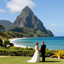 Caribbean Holidays, December Weddings, Newlyweds exploring a scenic Saint Lucia coastline after their wedding, with the Pitons, tropical greenery and bright blue sea in the background