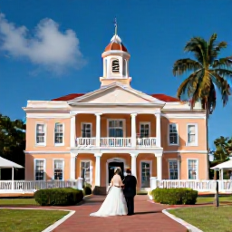 Caribbean Holidays, December Weddings, Newlyweds exploring Nelson's Dockyard in Antigua after their wedding, with historic buildings, palm trees and a bright blue sky