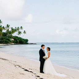 Caribbean Holidays, December Weddings, Newlyweds standing on a quiet Martinique beach after their December wedding, with calm sea and palm-fringed coastline