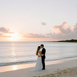 Caribbean Holidays, December Weddings, Newlyweds standing on a quiet white-sand beach in The Bahamas at sunset, with calm turquoise water and soft December light