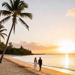 Caribbean Holidays, December Weddings, Newlyweds walking along a quiet golden beach at sunset on Saint Kitts, with palm trees and calm Caribbean water