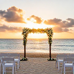 Caribbean Holidays, December Weddings, Romantic beach wedding ceremony in Grand Cayman at sunset, decorated with white flowers and chairs facing the sea