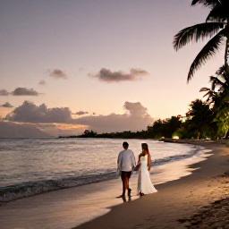 Caribbean Holidays, December Weddings, Romantic Cuban beach at dusk with wedding couple walking along shoreline and warm tropical evening light