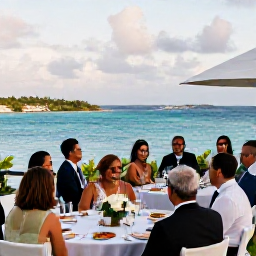 Caribbean Holidays, December Weddings, Wedding guests enjoying a relaxed Caribbean reception on a terrace overlooking the sea in St Croix, United States Virgin Islands