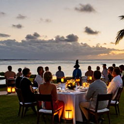 Caribbean Holidays, December Weddings, Wedding guests enjoying a relaxed Caribbean resort celebration at sunset, with dinner tables, lanterns and views across the sea