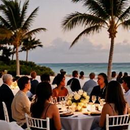 Caribbean Holidays, December Weddings, Wedding guests enjoying a relaxed outdoor reception beside the beach in Turks and Caicos, with tropical table decorations and warm evening light
