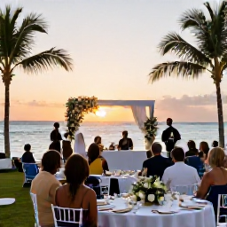 Caribbean Holidays, December Weddings, Wedding guests enjoying an outdoor Caribbean reception at sunset, with tropical table decorations and views across the sea