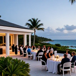 Caribbean Holidays, December Weddings, Wedding guests enjoying an outdoor reception at a stylish Saint Barth&eacute;lemy villa, with tropical greenery, sea views and softly lit tables