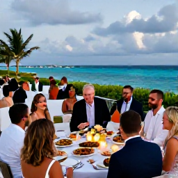 Caribbean Holidays, December Weddings, Wedding reception on a Bahamian terrace overlooking the ocean, with tropical dishes, candlelit tables and guests celebrating at dusk