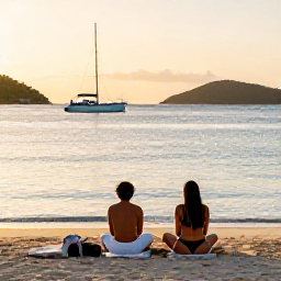 Caribbean Holidays, December Wellness, A couple relaxing on a quiet British Virgin Islands beach at golden hour, with calm sea, sailing boats and green islands in the distance