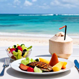 Caribbean Holidays, December Wellness, A healthy Caribbean lunch with fresh fruit, colourful salad, grilled fish and coconut water at an outdoor table overlooking the sea