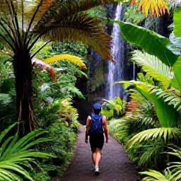 Caribbean Holidays, December Wellness, A lush tropical garden and rainforest trail on Saint Vincent, with a small waterfall, ferns and a person taking a mindful walk