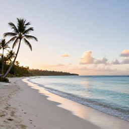 Caribbean Holidays, December Wellness, A peaceful beach in the British Virgin Islands at sunrise, with calm turquoise water, soft sand and a few palm trees