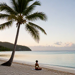 Caribbean Holidays, December Wellness, A peaceful tropical beach in Saint Vincent and the Grenadines at sunrise, calm turquoise water, palm trees and a quiet yoga setting