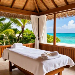 Caribbean Holidays, December Wellness, A tranquil Caribbean spa treatment room with natural wood, white towels, tropical greenery and views towards the sea