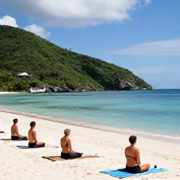 Caribbean Holidays, December Wellness, An outdoor yoga session on a quiet British Virgin Islands beach, with mats facing the sea and lush green hills in the background