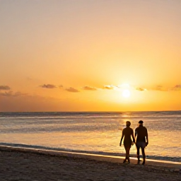 Caribbean Holidays, December Wellness, Couple walking beside a quiet Caribbean shoreline at sunset on Sint Maarten, warm golden light and calm sea