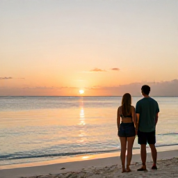 Caribbean Holidays, December Wellness, Couple watching a warm sunset from a quiet beach in Turks and Caicos, with calm sea and soft evening light