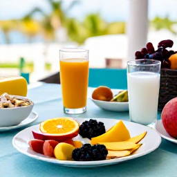 Caribbean Holidays, December Wellness, Healthy Caribbean breakfast with fresh tropical fruit, coconut water and local ingredients at a relaxed outdoor table in Saint Kitts