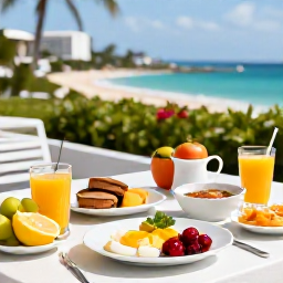 Caribbean Holidays, December Wellness, Healthy Caribbean breakfast with fresh tropical fruit, juices and local ingredients on a sunny terrace in Sint Maarten