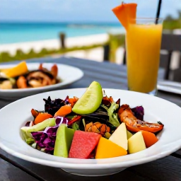 Caribbean Holidays, December Wellness, Healthy Caribbean lunch with fresh salad, grilled seafood and tropical fruit at an outdoor restaurant in Turks and Caicos