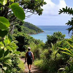 Caribbean Holidays, December Wellness, Hiker on a shaded tropical trail in Virgin Islands National Park, with green forest, rocky coastline and blue Caribbean water in the distance