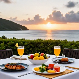 Caribbean Holidays, December Wellness, Outdoor Caribbean dining table with fresh fruit, grilled fish, herbal drink and ocean view at sunset in Saint Vincent and the Grenadines