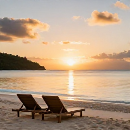 Caribbean Holidays, December Wellness, Peaceful Caribbean sunset over a quiet beach in the United States Virgin Islands, with two loungers and warm evening light