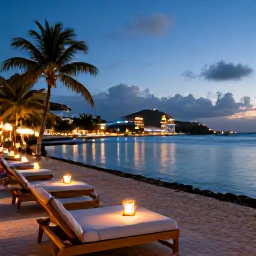 Caribbean Holidays, December Wellness, Peaceful evening view of Saint Martin and Sint Maarten with glowing lights, calm Caribbean water and a relaxed festive atmosphere