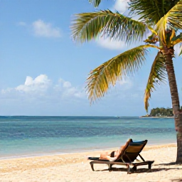 Caribbean Holidays, December Wellness, Peaceful golden beach on Nevis with calm turquoise water, palm trees and a person relaxing on a sun lounger in December