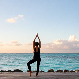 Caribbean Holidays, December Wellness, Person practising yoga beside a quiet turquoise lagoon at sunrise on Providenciales, Turks and Caicos