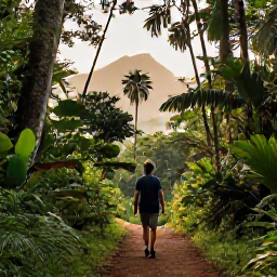 Caribbean Holidays, December Wellness, Person walking gently through lush rainforest on Saint Kitts near Mount Liamuiga, peaceful tropical nature trail, soft morning light