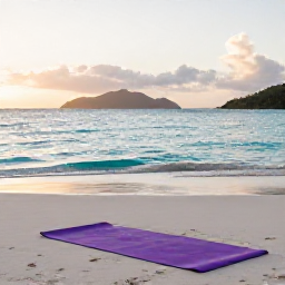 Caribbean Holidays, December Wellness, Quiet Caribbean beach in the United States Virgin Islands at sunrise, soft light, calm turquoise water and a comfortable yoga mat on the sand