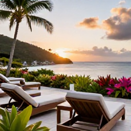 Caribbean Holidays, December Wellness, Quiet Caribbean resort terrace with comfortable loungers, tropical plants and a sunset view over the sea in Saint Vincent and the Grenadines