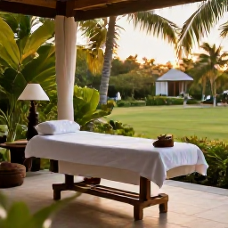 Caribbean Holidays, December Wellness, Quiet luxury spa treatment beside a tropical garden on Saint Kitts, warm December light, calm and relaxing atmosphere
