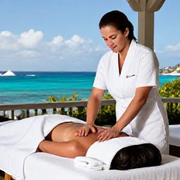 Caribbean Holidays, December Wellness, Wellness traveller receiving a relaxing massage at an open-air spa overlooking the Caribbean Sea in Saint Martin