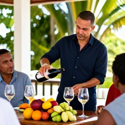 Caribbean Holidays, December Wine Holidays, A friendly wine expert pouring glasses for visitors at an elegant Caribbean tasting room, with local produce on a wooden table