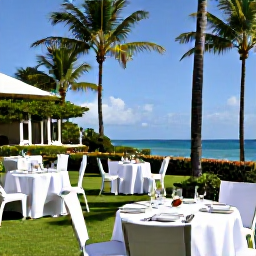 Caribbean Holidays, December Wine Holidays, A scenic Caribbean estate with tasting tables overlooking the sea, palm trees and a clear blue sky in December