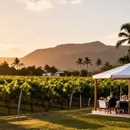 Caribbean Holidays, December Wine Holidays, A warm Caribbean vineyard landscape at golden hour, with rows of vines, tropical hills and a relaxed tasting terrace