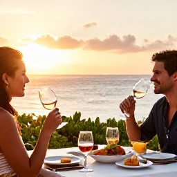 Caribbean Holidays, December Wine Holidays, Travellers enjoying an outdoor Caribbean wine tasting at sunset, with elegant glasses, island dishes and a peaceful sea view