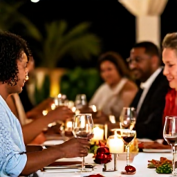 Caribbean Holidays, December Wine Tasting, A festive Caribbean evening in Trinidad with elegant wine glasses, candlelit dining and tasteful Christmas decorations