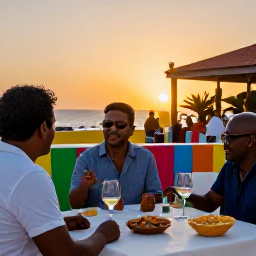 Caribbean Holidays, December Wine Tasting, A relaxed outdoor wine tasting in Cura&ccedil;ao at sunset, with glasses of wine, local snacks and a colourful Caribbean setting