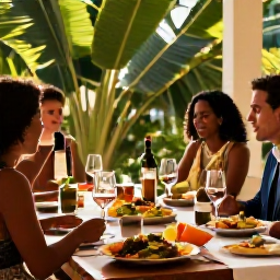Caribbean Holidays, December Wine Tasting, A relaxed wine tasting table at a Caribbean hotel in Trinidad with tropical foliage, warm December sunlight and local food pairings