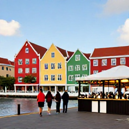 Caribbean Holidays, December Wine Tasting, Colourful Dutch Caribbean buildings in Willemstad beside the water, with visitors walking towards a stylish wine bar