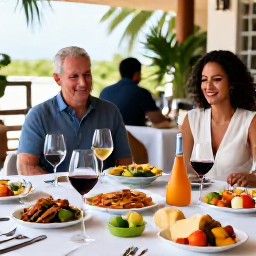 Caribbean Holidays, December Wine Tasting, Elegant Cura&ccedil;ao wine tasting table with local seafood, tropical fruit, cheeses and wine glasses in a breezy restaurant courtyard