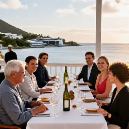 Caribbean Holidays, December Wine Tasting, Elegant wine tasting on a sunny terrace overlooking Gustavia harbour in Saint Barth&eacute;lemy, December afternoon