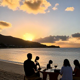 Caribbean Holidays, December Wine Tasting, Golden December sunset over Colombier beach and the hills of Saint Barth&eacute;lemy, viewed after a day of wine tasting