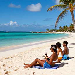 Caribbean Holidays, December Wine Tasting, Travellers relaxing on a sunny Cura&ccedil;ao beach after a wine tasting, with turquoise water, white sand and palm trees