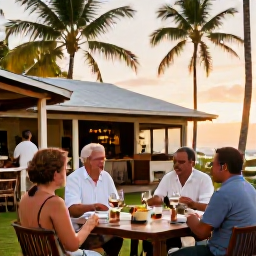 Caribbean Holidays, December Wine Tasting, Visitors enjoying a relaxed wine tasting at a small boutique venue near Gustavia, with palm trees and Caribbean light